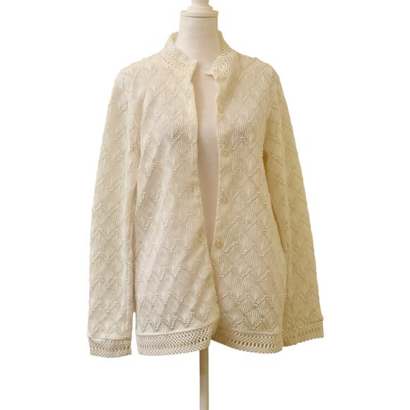 Vintage White Crochet Button Front Long Sleeve Cardigan Sweater Size Large - Picture 1 of 14